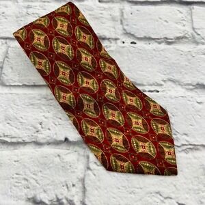 Burberrys of London Mens Silk Tie Red Gold Geometric Medallion Vintage Hand Sewn